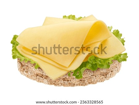 Cheese sandwich, gouda slices on puffed rice cake isolated on white background, full depth of field