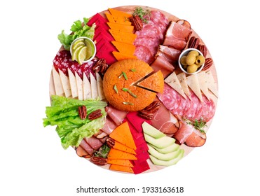 Cheese And Sausage Platter. Top View. Assortment Of Served Appetizers Isolated On White