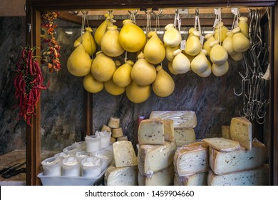 Cheese Shop With Large Selection Of Cheeses At Randazzo Sicily, Italy.