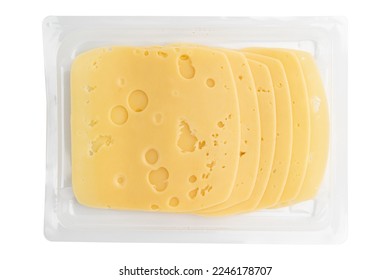 cheese slices isolated on white background, sliced cheese in plastic package, pieces of sliced gouda cheese laid out to create layout - Shutterstock ID 2246178707