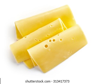 Cheese Slices Isolated On White Background, Top View