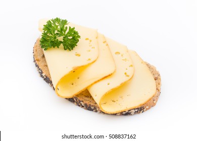 Cheese Slices On Bread. White Background.