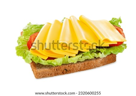 cheese slices on toast with salad on white background.