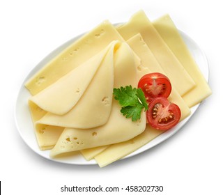 Cheese Slices On White Plate Isolated On White Background