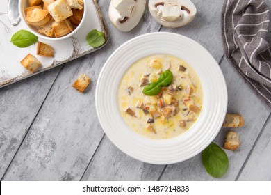 Cheese Soup With Mushrooms, Potatoes, Carrots And Croutons Delicious Cozy First Course, Tasty Autumn Food