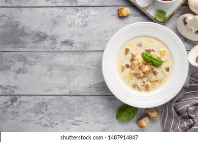 Cheese Soup With Mushrooms, Potatoes, Carrots And Croutons Delicious Cozy First Course, Tasty Autumn Food