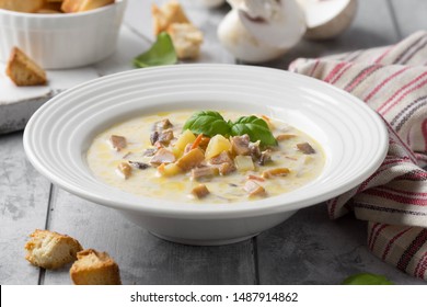 Cheese Soup With Mushrooms, Potatoes, Carrots And Croutons Delicious Cozy First Course, Tasty Autumn Food