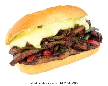 Cheese Steak Sandwich Roll With Red And Green Peppers Isolated On A White Background