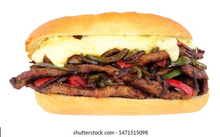 Cheese Steak Sandwich Roll With Red And Green Peppers Isolated On A White Background