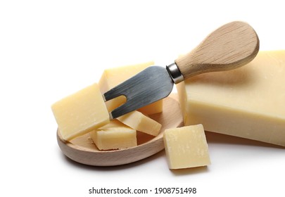 Cheese Wedge Slices With Small Fork And Wooden Spoon, Italian Grana Padano Pieces Isolated On White Background