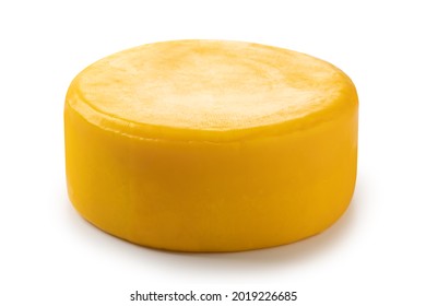 Cheese wheel isolated on white background.
