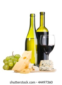 Cheese, White And Red Wine, Isolated On White Background