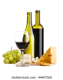 Cheese, White And Red Wine, Isolated On White Background