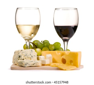 Cheese, White And Red Wine, Isolated On White Background