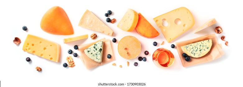 Cheese And Wine Tasting And Pairing, A Flat Lay On A White Background With A Place For Text. Various Cheeses, Shot From Above