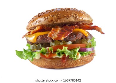 Cheeseburger With Bacon On A White Background