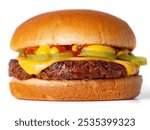 Cheeseburger, burger, delicious cheeseburger with cutlet, cheese, tomato, burger for fast food menu, fastfood isolated on white background 