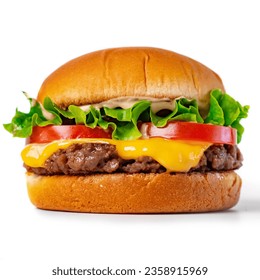 Cheeseburger, delicious cheeseburger with cutlet, cheese, tomato, burger for fast food menu isolated on white background 