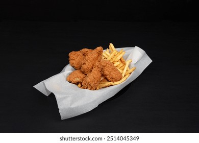 Cheeseburger with Fried Chicken Wings, French Fries, Onion Rings, and Dipping Sauces – Delicious Fast Food Platter on Black Background - Powered by Shutterstock