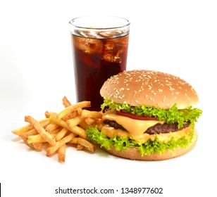 cheeseburger with fries and cola on white background 