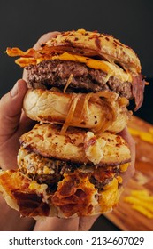 Cheeseburger pile food porn styling, homemade restaurant hamburgers, very juicy