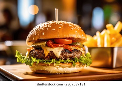 cheeseburger with tomatoes and pickles with a wooden stick on top and fries - Powered by Shutterstock