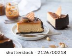 Cheesecake with caramel sauce, Piece of delicious cake