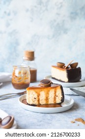 Cheesecake With Caramel Sauce, Piece Of Delicious Cake. Salted Caramel Sauce Poured On Slice Of Pie