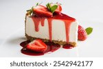 Cheesecake Slice: A creamy, white cheesecake with a golden-brown crust, topped with glossy strawberry sauce, fresh strawberries, and a mint sprig, served with a sweet drizzle.