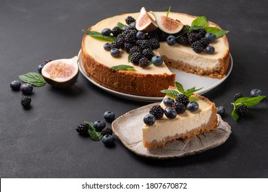 Cheesecake Slice, New York Style Classical Cheese Cake On Black Background. Slice Of Tasty Cake On White Plate 