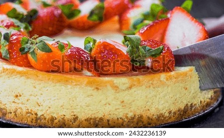 Cheesecake with strawberry on plate, close up, decorated, minimal. Homemade berry cheesecake. For birthday, party, pastry confectionery advert
