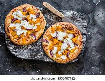 Cheesy Autumn Veggie Flatbread. Pumpkin, Sweet Potato, Red Onion, Mozzarella Pizza On Dark Background, Top View       