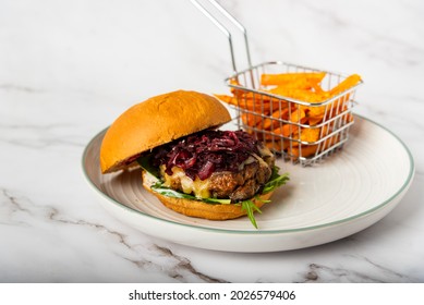 Cheesy Beef Burger And Kumari Fries With Beetroot Relish