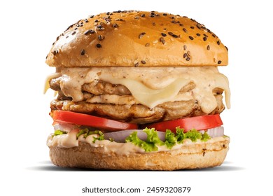 CHEESY CHICKEN PATTY BURGER ISOLATED ON WHITE PNG