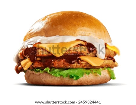 CHEESY CHICKEN PATTY BURGER ISOLATED ON WHITE PNG
