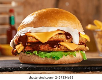 CHEESY CHICKEN PATTY BURGER ON WOODEN BACKGROUND - Powered by Shutterstock