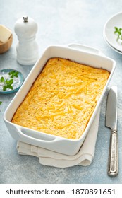 Cheesy Cornbread Freshly Baked In A Pan, Southern Food