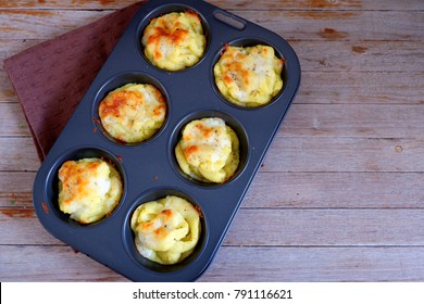 Cheesy Mashed Potatoes Prepare To Bake In Oven On Wood Table,top View For Copy Space