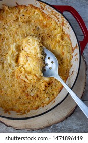 Cheesy Potato Hash Browns In Cast Iron Dish Flat Lay