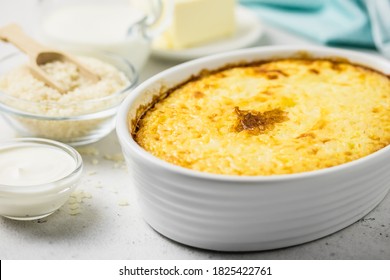 Cheesy rice casserole, rice, butter, cream. Space for text.