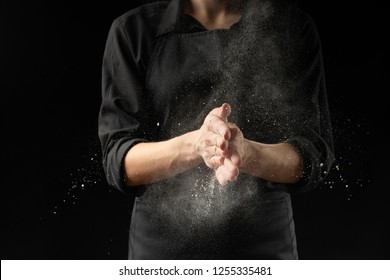 Chef, baker hands in flour over black background banner. Making pizza, pasta, baking bread and sweets. Design, menu, recipe book