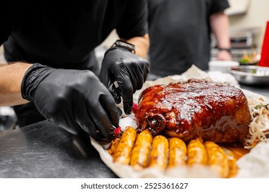 A chef in black gloves carves a glazed roast with baby potatoes on the side, in a professional kitchen setting. The close-up shot highlights the culinary precision and presentation - Powered by Shutterstock