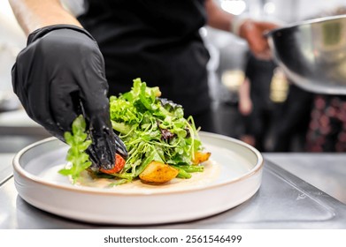 A chef in black gloves skillfully arranges a fresh salad with green leaves and colorful vegetables on a plate, showcasing culinary expertise in a modern kitchen setting. - Powered by Shutterstock