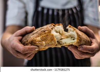 Chef Breaking Freshly Baked Sourdough Bread - Shutterstock ID 1179281275