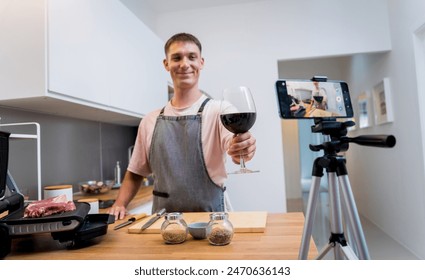 The chef is broadcasting live from workshop how to prepare a beef steaks on the electric grill