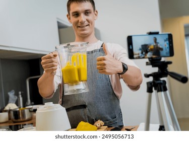 The chef is broadcasting live from workshop how to prepare a vegetarian food