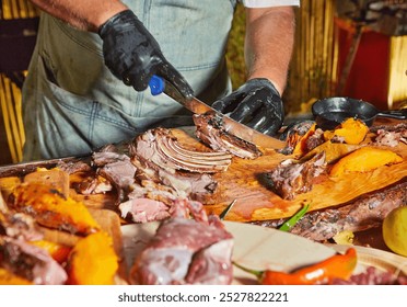 A chef carefully slicing a lamb rack on a wooden board, garnished with herbs and vegetables for a flavorful presentation. - Powered by Shutterstock