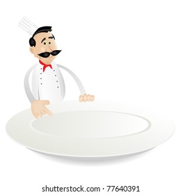 Chef Cook Banner/ Illustration of a cartoon chef cook holding blank plate - Shutterstock ID 77640391