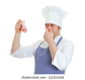 Chef Cook Holding Rotten Chicken Leg. Isolated On White