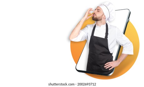 Chef Cook In Smartphone. Male Cook On Phone. Website Concept For Chefs. Website App For Training Cooks. Mobile Application For Chef. Copy Space Near Pastry Chef. Man Pastry Cook On White Background.